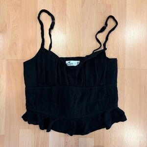 Hollister | Black ruffle shirred back tank top with adjustable spaghetti straps